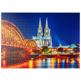 Darstellung des Puzzle Motivs Nachtsicht auf den Kölner Dom und Hohenzollernbrücke über Rhein, Deutschland - Puzzleteile: 500