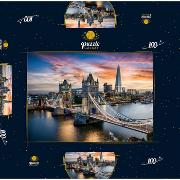 Luftbild zur beleuchteten Tower Bridge und Skyline von London, Großbritannien, kurz nach Sonnenuntergang 100 Puzzle Schachtel 3D Modell