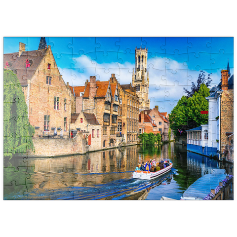 puzzleplate Klassische Sicht auf das historische Stadtzentrum mit Kanal in Brügge (Brügge), Provinz Westflandern, Belgien. Stadtlandschaft von Brügge. 100 Puzzle
