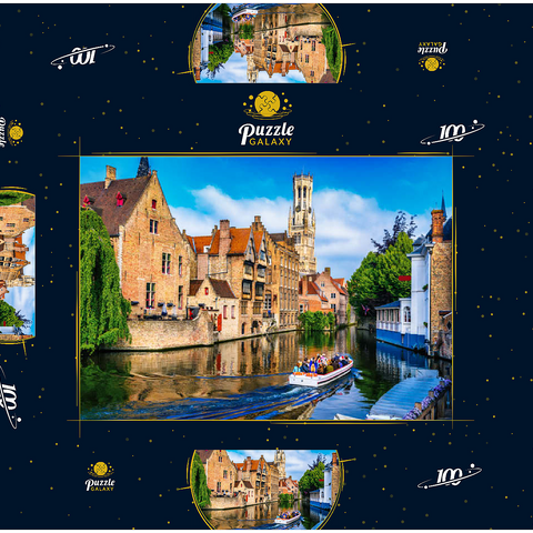 Klassische Sicht auf das historische Stadtzentrum mit Kanal in Brügge (Brügge), Provinz Westflandern, Belgien. Stadtlandschaft von Brügge. 100 Puzzle Schachtel 3D Modell