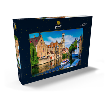 Klassische Sicht auf das historische Stadtzentrum mit Kanal in Brügge (Brügge), Provinz Westflandern, Belgien. Stadtlandschaft von Brügge. 500 Puzzle Schachtel Ansicht2