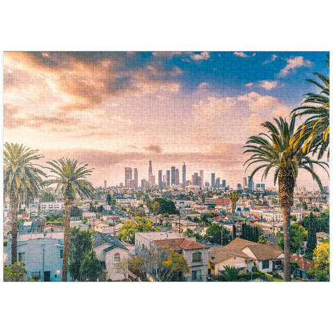 puzzleplate Schöner Sonnenuntergang im Zentrum von Los Angeles Skyline und Palmen 1000 Puzzle