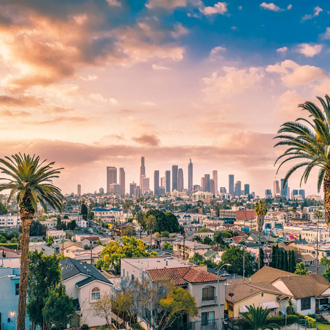 Schöner Sonnenuntergang im Zentrum von Los Angeles Skyline und Palmen 1000 Puzzle 3D Modell