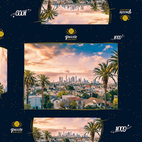 Schöner Sonnenuntergang im Zentrum von Los Angeles Skyline und Palmen 1000 Puzzle Schachtel 3D Modell
