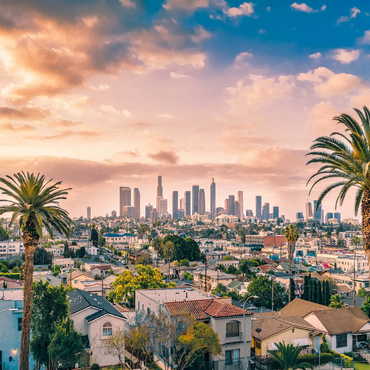 Schöner Sonnenuntergang im Zentrum von Los Angeles Skyline und Palmen 100 Puzzle 3D Modell