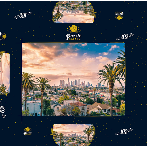 Schöner Sonnenuntergang im Zentrum von Los Angeles Skyline und Palmen 100 Puzzle Schachtel 3D Modell