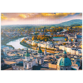 Darstellung des Puzzle-Motivs Schöner Panoramablick auf Salzburg mit Salzach in schönem goldenem Abendlicht – Puzzleteile: 1000