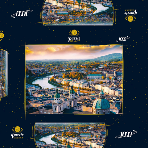 Schöner Panoramablick aus der Luft in der Herbstsaison in einer historischen Stadt Salzburg mit Salzach in schönem goldenem Abendlicht und bunter Herbst bei Sonnenuntergang, Salzburger Land, Österreich 1000 Puzzle Schachtel 3D Modell