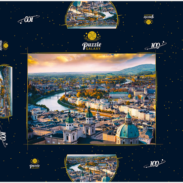 Schöner Panoramablick aus der Luft in der Herbstsaison in einer historischen Stadt Salzburg mit Salzach in schönem goldenem Abendlicht und bunter Herbst bei Sonnenuntergang, Salzburger Land, Österreich 100 Puzzle Schachtel 3D Modell