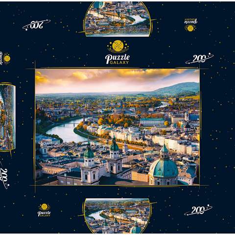 Schöner Panoramablick aus der Luft in der Herbstsaison in einer historischen Stadt Salzburg mit Salzach in schönem goldenem Abendlicht und bunter Herbst bei Sonnenuntergang, Salzburger Land, Österreich 200 Puzzle Schachtel 3D Modell