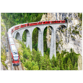 Darstellung des Puzzle Motivs Bernina-Express Gletscherzug auf dem Landwasserviadukt in den Schweizer Alpen - Puzzleteile: 1000