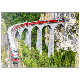 Darstellung des Puzzle Motivs Bernina-Express Gletscherzug auf dem Landwasserviadukt in den Schweizer Alpen - Puzzleteile: 100