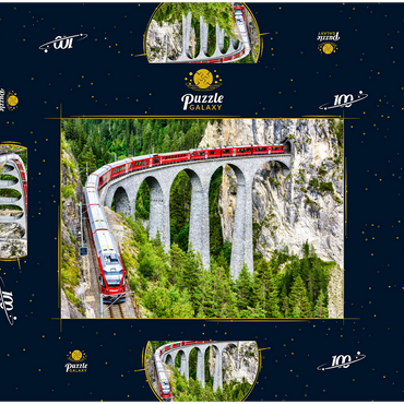 Bernina-Express in der Schweiz. Roter Gletscherzug auf dem Landwasserviadukt in den Schweizer Alpen. Panoramablick auf eine hohe Eisenbahnbrücke in den Bergen, Eisenbahnlandschaft im Sommer. Konzept des Reisens und der Eisenbahnstraße. 100 Puzzle Schachtel 3D Modell