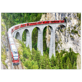 Darstellung des Puzzle-Motivs Bernina-Express Gletscherzug auf dem Landwasserviadukt in den Schweizer Alpen – Puzzleteile: 500