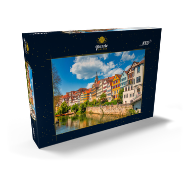 Tübingen in Stuttgart, Deutschland Farbiges Haus am Flussufer und blauer Himmel. Schöne alte Stadt in Europa. Leute sitzen an der Wand. Boote aus Holz, die am Dock befestigt sind. 1000 Puzzle Schachtel Ansicht2