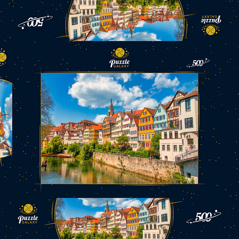Tübingen in Stuttgart, Deutschland Farbiges Haus am Flussufer und blauer Himmel. Schöne alte Stadt in Europa. Leute sitzen an der Wand. Boote aus Holz, die am Dock befestigt sind. 500 Puzzle Schachtel 3D Modell