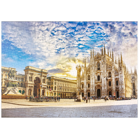 puzzleplate Kathedrale Duomo di Milano und Vittorio Emanuele Galerie auf dem Platz Piazza Duomo am sonnigen Morgen, Mailand, Italien. 1000 Puzzle