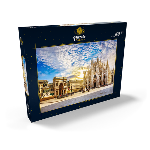 Kathedrale Duomo di Milano und Vittorio Emanuele Galerie auf dem Platz Piazza Duomo am sonnigen Morgen, Mailand, Italien. 100 Puzzle Schachtel Ansicht2