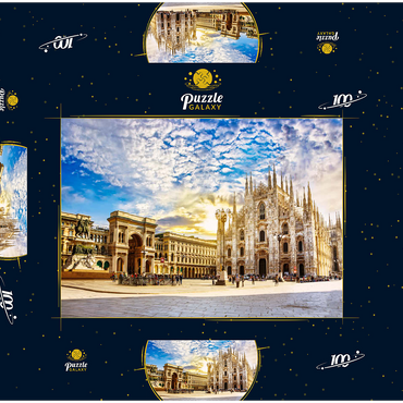 Kathedrale Duomo di Milano und Vittorio Emanuele Galerie auf dem Platz Piazza Duomo am sonnigen Morgen, Mailand, Italien. 100 Puzzle Schachtel 3D Modell