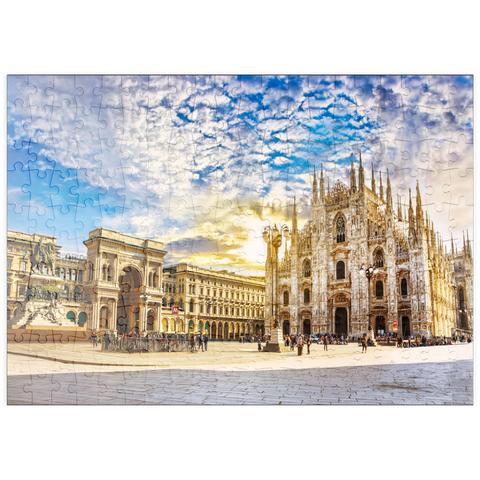puzzleplate Kathedrale Duomo di Milano und Vittorio Emanuele Galerie auf dem Platz Piazza Duomo am sonnigen Morgen, Mailand, Italien. 200 Puzzle