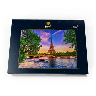 Paris Eiffelturm und Seine bei Sonnenuntergang in Paris, Frankreich. Der Eiffelturm ist eines der bekanntesten Wahrzeichen von Paris. 1000 Puzzle Schachtel Ansicht3