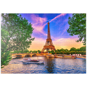 Darstellung des Puzzle-Motivs Eiffelturm und Seine bei Sonnenuntergang in Paris, Frankreich – Puzzleteile: 1000
