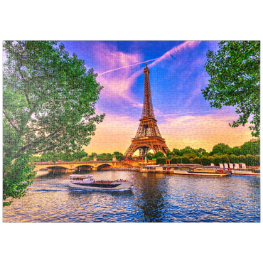 puzzleplate Paris Eiffelturm und Seine bei Sonnenuntergang in Paris, Frankreich. Der Eiffelturm ist eines der bekanntesten Wahrzeichen von Paris. 1000 Puzzle