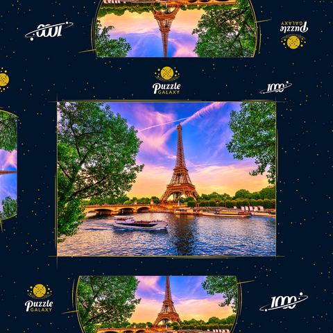 Paris Eiffelturm und Seine bei Sonnenuntergang in Paris, Frankreich. Der Eiffelturm ist eines der bekanntesten Wahrzeichen von Paris. 1000 Puzzle Schachtel 3D Modell