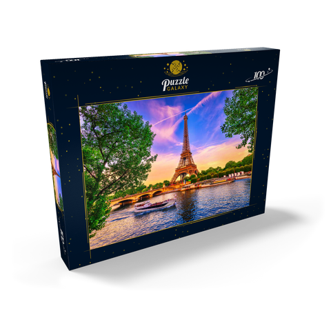 Paris Eiffelturm und Seine bei Sonnenuntergang in Paris, Frankreich. Der Eiffelturm ist eines der bekanntesten Wahrzeichen von Paris. 100 Puzzle Schachtel Ansicht2
