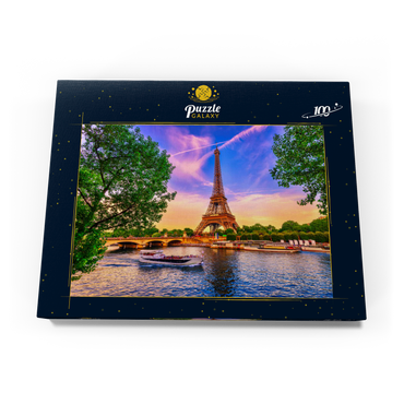 Paris Eiffelturm und Seine bei Sonnenuntergang in Paris, Frankreich. Der Eiffelturm ist eines der bekanntesten Wahrzeichen von Paris. 100 Puzzle Schachtel Ansicht3