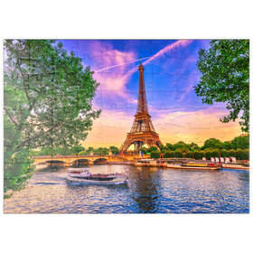 Darstellung des Puzzle-Motivs Eiffelturm und Seine bei Sonnenuntergang in Paris, Frankreich – Puzzleteile: 100