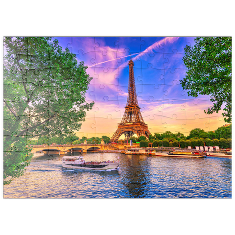 puzzleplate Paris Eiffelturm und Seine bei Sonnenuntergang in Paris, Frankreich. Der Eiffelturm ist eines der bekanntesten Wahrzeichen von Paris. 100 Puzzle