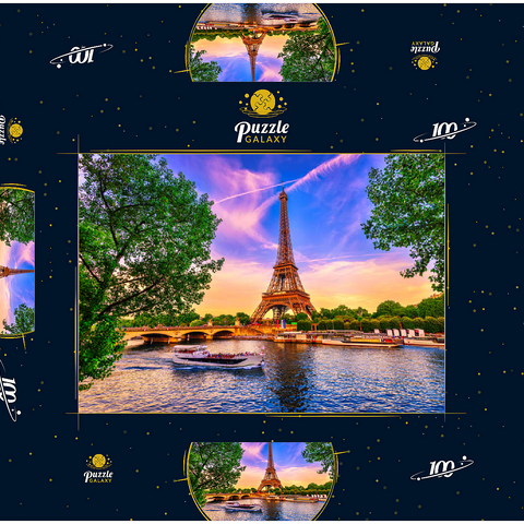 Paris Eiffelturm und Seine bei Sonnenuntergang in Paris, Frankreich. Der Eiffelturm ist eines der bekanntesten Wahrzeichen von Paris. 100 Puzzle Schachtel 3D Modell