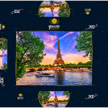 Paris Eiffelturm und Seine bei Sonnenuntergang in Paris, Frankreich. Der Eiffelturm ist eines der bekanntesten Wahrzeichen von Paris. 200 Puzzle Schachtel 3D Modell