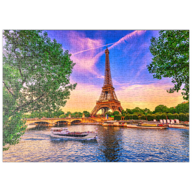Darstellung des Puzzle-Motivs Eiffelturm und Seine bei Sonnenuntergang in Paris, Frankreich – Puzzleteile: 500