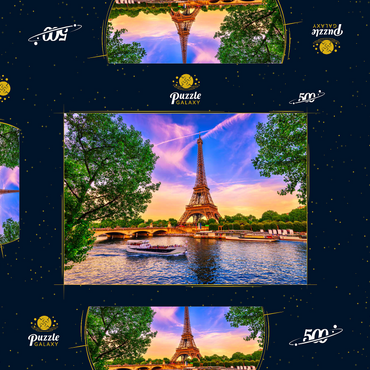 Paris Eiffelturm und Seine bei Sonnenuntergang in Paris, Frankreich. Der Eiffelturm ist eines der bekanntesten Wahrzeichen von Paris. 500 Puzzle Schachtel 3D Modell