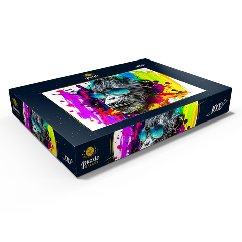 Farbiger künstlerischer Affe in Brillen mit bunten Farbsplatten auf weißem Hintergrund 1000 Puzzle Schachtel Ansicht1