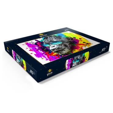 Farbiger künstlerischer Affe in Brillen mit bunten Farbsplatten auf weißem Hintergrund 100 Puzzle Schachtel Ansicht1