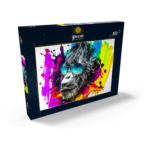 Farbiger künstlerischer Affe in Brillen mit bunten Farbsplatten auf weißem Hintergrund 100 Puzzle Schachtel Ansicht2