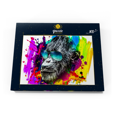 Farbiger künstlerischer Affe in Brillen mit bunten Farbsplatten auf weißem Hintergrund 100 Puzzle Schachtel Ansicht3