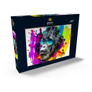 Farbiger künstlerischer Affe in Brillen mit bunten Farbsplatten auf weißem Hintergrund 500 Puzzle Schachtel Ansicht2