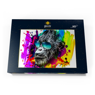 Farbiger künstlerischer Affe in Brillen mit bunten Farbsplatten auf weißem Hintergrund 500 Puzzle Schachtel Ansicht3