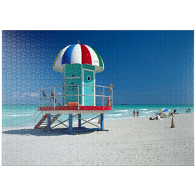 Darstellung des Puzzle-Motivs Lifeguard Häuschen mit Dach in Sonnenschirm-Form, Miami Beach, Florida, USA – Puzzleteile: 1000