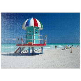 Darstellung des Puzzle Motivs Lifeguard Häuschen mit Dach in Sonnenschirm-Form, Miami Beach, Florida, USA - Puzzleteile: 500