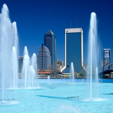 Springbrunnen am Riverwalk und Skyline, Jacksonville, Florida, USA 1000 Puzzle 3D Modell