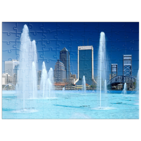 Darstellung des Puzzle Motivs Springbrunnen am Riverwalk und Skyline, Jacksonville, Florida, USA - Puzzleteile: 100