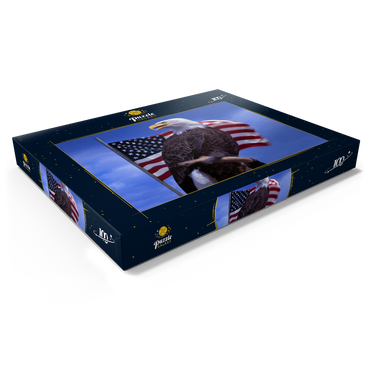 Weißkopfseeadler (Haliaeetus leucocephalus) vor Amerikanischer Flagge, USA 100 Puzzle Schachtel Ansicht1