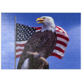 Darstellung des Puzzle Motivs Weißkopfseeadler vor Amerikanischer Flagge, USA - Puzzleteile: 100