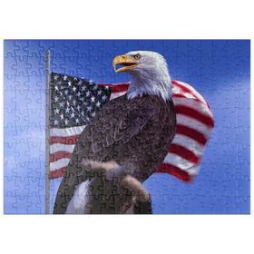 Darstellung des Puzzle-Motivs Weißkopfseeadler vor Amerikanischer Flagge, USA – Puzzleteile: 200