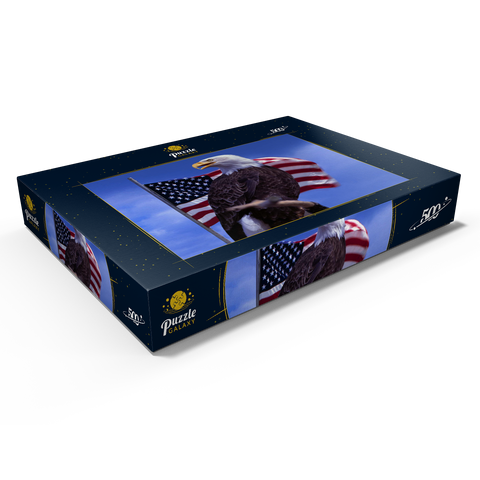 Weißkopfseeadler (Haliaeetus leucocephalus) vor Amerikanischer Flagge, USA 500 Puzzle Schachtel Ansicht1